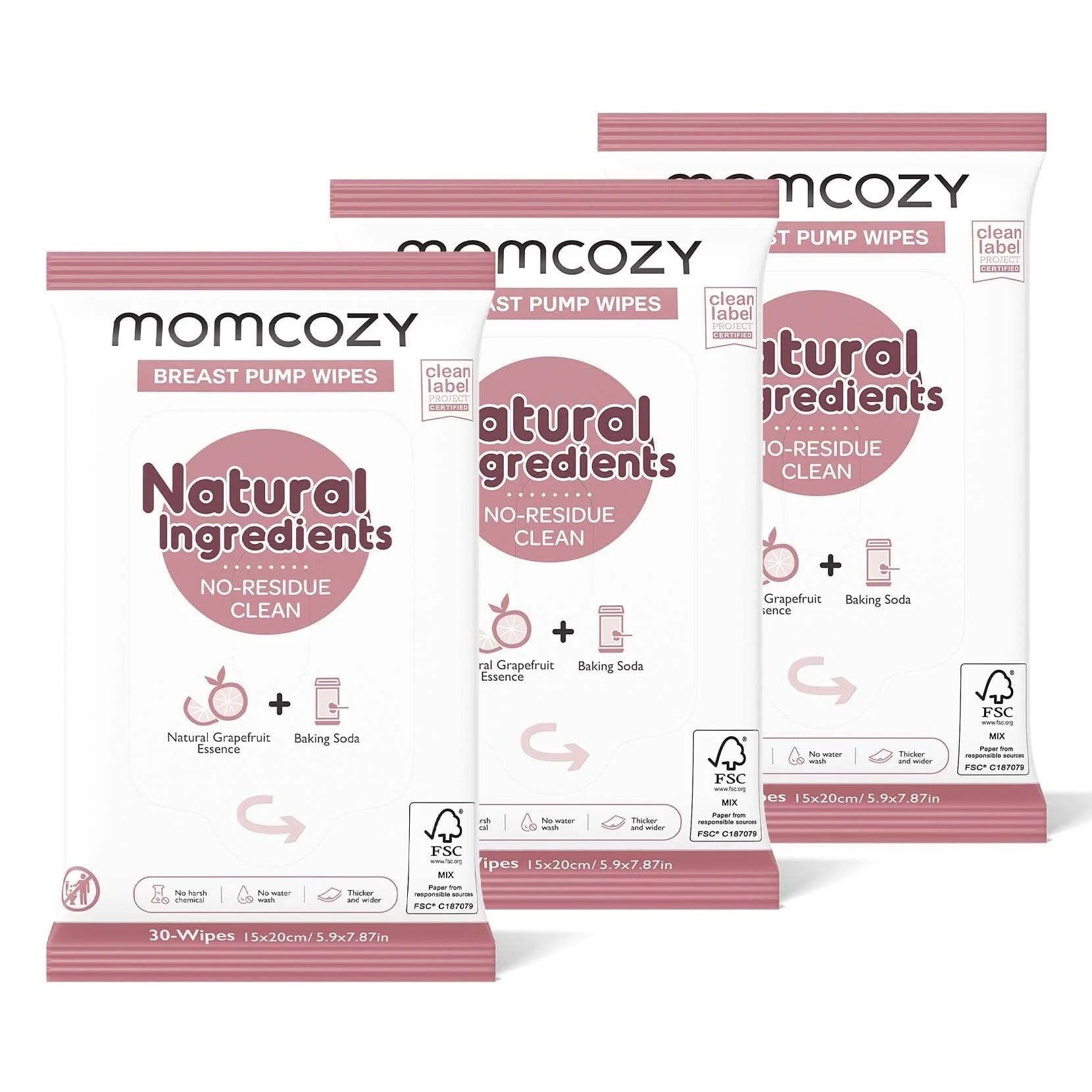 Natural Breast Pump Wipes for Pump Parts Cleaning On-The-Go, 30 Count (Pack of 3), Flash Clean & Resealable Pump Wipes