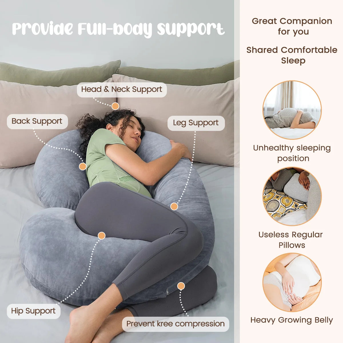 Pregnancy Pillows, Full Body Pillow Maternity Pillow for Women 58 Inch, Pregnancy Pillows for Sleeping Pregnant Must Have with Removable Cover, Gray