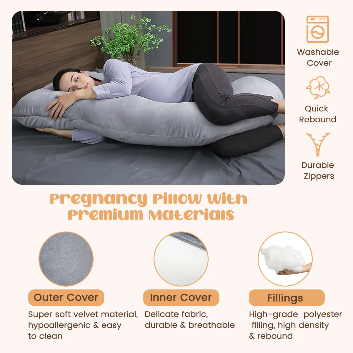 Pregnancy Pillows, Full Body Pillow Maternity Pillow for Women 58 Inch, Pregnancy Pillows for Sleeping Pregnant Must Have with Removable Cover, Gray